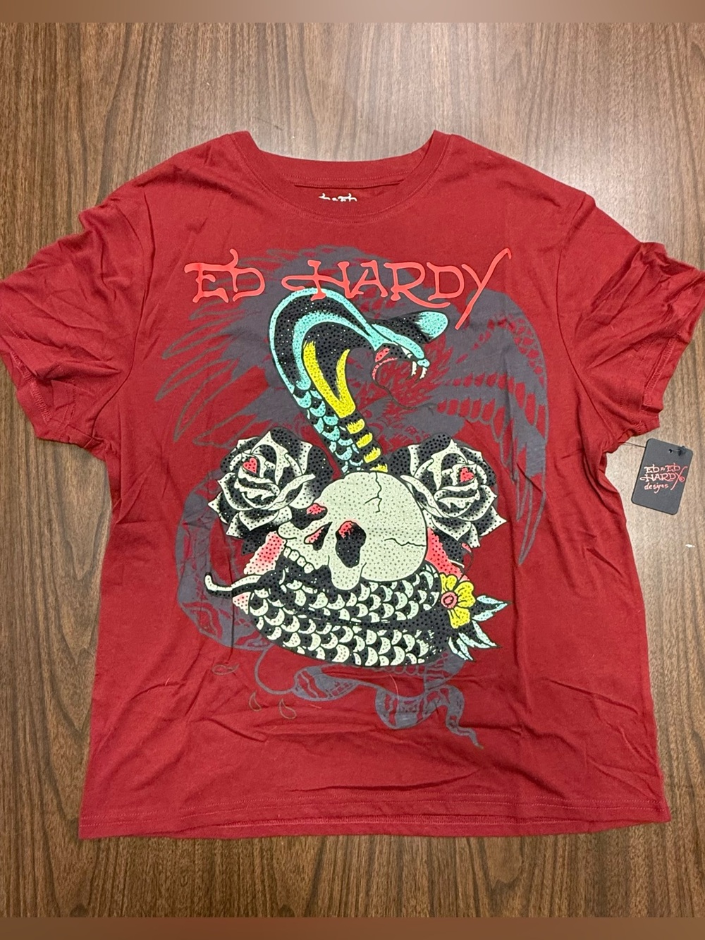 Ed Hardy Red Tee with Skull, Snake & Rose Graphic NWT Large ☠️ 🐍